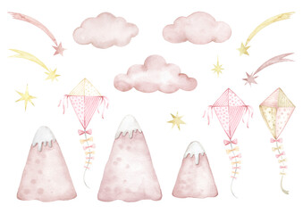 Mountaines,kites,clouds,stars..Set of watercolor illustrations isolated on white background..