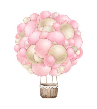 Festive hot air balloon with pink balloons..Watercolor illustration isolated on white background.