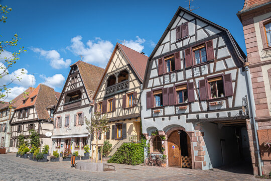 Traditional old alsatian houses in Ribeauville in Alsace in the department of Haut-Rhin of the Grand Est region of France