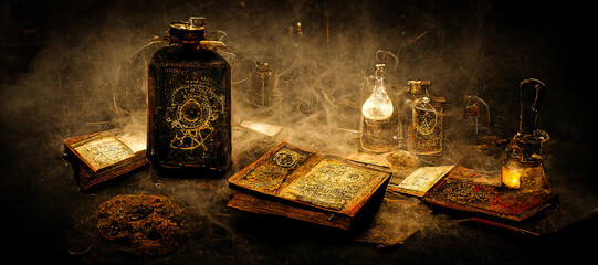Work table and grimoire of a magician and alchemist in an old medieval castle, mysterious and scary atmosphere - obrazy, fototapety, plakaty