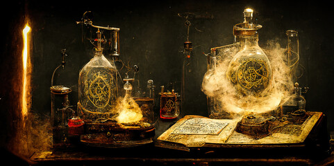 Old table of an alchemist or magician, with smoked, grimoires and ancient chemistry utensils from the middle ages - obrazy, fototapety, plakaty