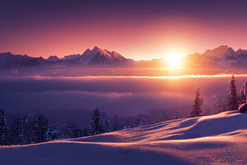 winter sunset in the mountains