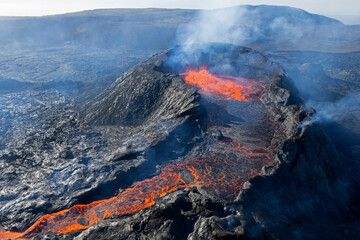 Lava flows from the Geldingadalir eruption of the Fagradalsfjall tuya volcano in Iceland in June of...