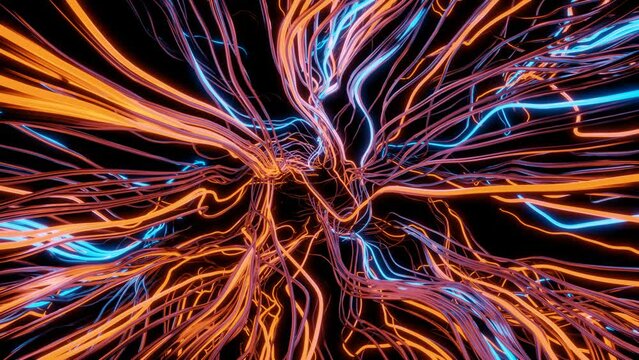 3d render. Abstract animation of moving wires or tentacles in blue and orange on a black background