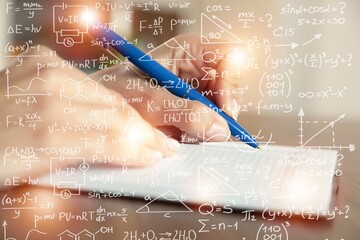 Equations floating in the background, books, representing the learning teaching or scientific notes