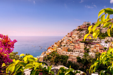 Positano, Italy - July 17, 2021: View of Positano village along Amalfi Coast in Italy