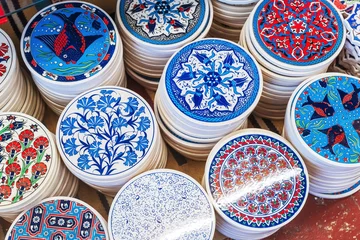 Schilderijen op glas national products of Cypriots from ceramics in cyprus. handicrafts for tourists in cyprus. ceramics painted with colored paints on the market © Yashkin Ilya