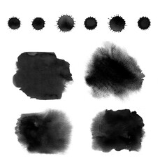 Set of black water paint backgrounds, drops. Watercolor blot stains, spots collection. Hand painted liquid splash. Abstract splot and blotchiness, wet edges texture for Halloween, Black Friday sale - 529058787