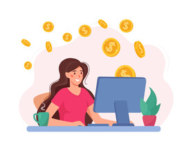 Girl freelancer at the computer, around the money, gold coins. Earn money online, earnings. Woman working at home. Vector illustration in flat style, isolated background