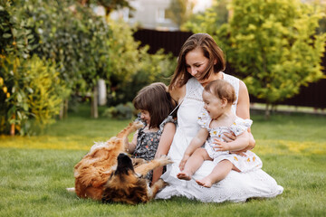 Fototapeta premium Family day, mother's day. Beautiful smiling young mom and two child daughters cuddling happy domestic dog on the backyard lawn. Idyllic family having fun with pet outdoors on summer holiday.