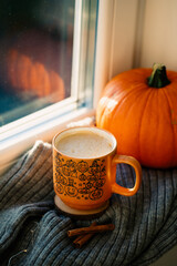 Coffee cup with pumpkins on woolen plaid on window sill. Hot drink. Autumn, fall aesthetic concept.
