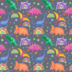 Childish dinosaurs seamless pattern. Lovely fantastic dino. Watercolor prehistoric repeated background with rainbows, flower - 529060316