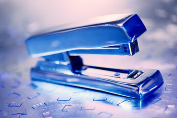 Close-up of staples near a stapler - obrazy, fototapety, plakaty