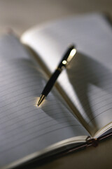 Close-up of a ballpoint pen on an open notebook