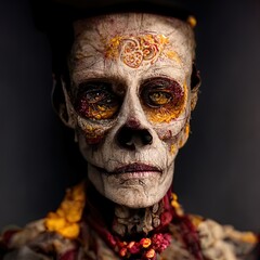 Skull with white ritual face paint. Portrait. 3d illustration. Hyper-realism.