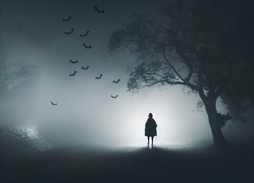 Human silhouette with fog and bats at night. Long shot. 3d illustration.