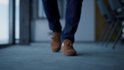 Businessman leather shoes waiting office closeup. Unknown confident man concept
