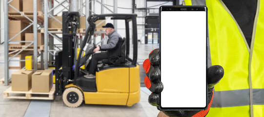 Warehouse apps. Mobile phone template. Phone in hand warehouse worker. Smartphone with white...