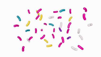 3D rendering of colorful sprinkles falling isolated on white background