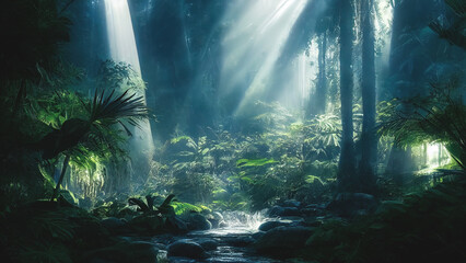 Dark rainforest, sun rays through the trees, rich jungle greenery. Atmospheric fantasy forest. 3D illustration.