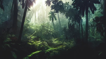 Foto op Aluminium Donker regenwoud, zonnestralen door de bomen, rijk junglegroen. Sfeervol fantasiebos. 3D illustratie. © MiaStendal