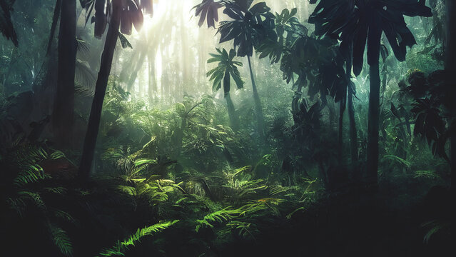Fototapeta Dark rainforest, sun rays through the trees, rich jungle greenery. Atmospheric fantasy forest. 3D illustration.