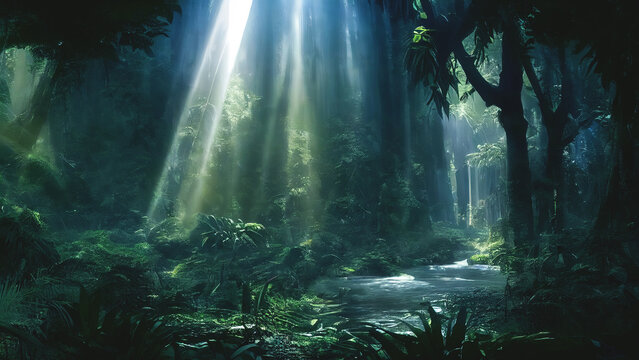 Fototapeta Dark rainforest, sun rays through the trees, rich jungle greenery. Atmospheric fantasy forest. 3D illustration.