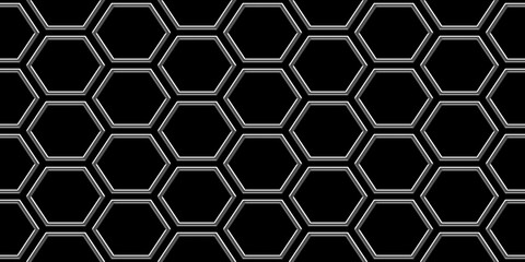 Seamless black and silver embossed luxury geometric background texture. Modern elegant dark abstract backdrop with shiny metallic chrome wire hexagon or honeycomb pattern motif. 3D rendering.