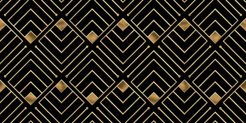Seamless golden Art Deco diamond line pattern. Vintage abstract geometric gold plated relief sculpture on dark black background. Modern elegant metallic luxury backdrop. High resolution 3D rendering.