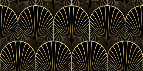 Seamless golden Art Deco scallop palm fan line pattern. Vintage abstract geometric gold plated high relief sculpture on dark black background. Modern elegant metallic luxury backdrop. 3D rendering.