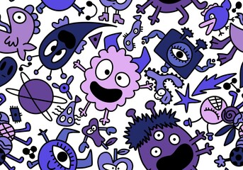 Cartoon monsters aliens seamless kids emoticons pattern for wrapping and school notebooks and Halloween