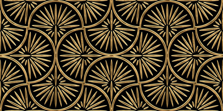 Fototapeta Seamless golden Art Deco palm fan or shell line pattern. Vintage 1920 abstract geometric gold plated relief sculpture on dark black background. Modern elegant metallic luxury backdrop. 3D rendering.