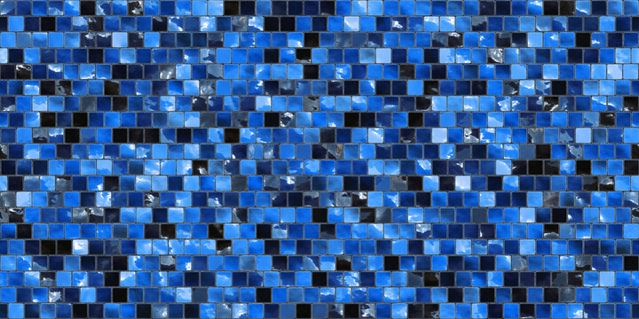 Seamless small shiny deep pacific blue ceramic tile wall mosaic background pattern. Tileable closeup of rough textured vintage kitchen, bathroom or swimming pool tiles. High resolution 3D rendering.
