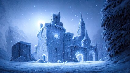 Ancient stone winter castle. Fantasy snowy landscape with a castle. Magical luminous passage, crystal portal. Winter castle on the mountain, winter forest. 3D illustration