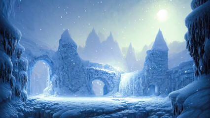 Ancient stone winter castle. Fantasy snowy landscape with a castle. Magical luminous passage, crystal portal. Winter castle on the mountain, winter forest. 3D illustration