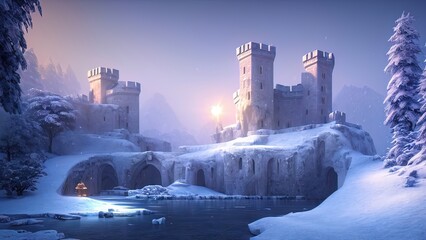Fototapeta Ancient stone winter castle. Fantasy snowy landscape with a castle. Magical luminous passage, crystal portal. Winter castle on the mountain, winter forest. 3D illustration obraz