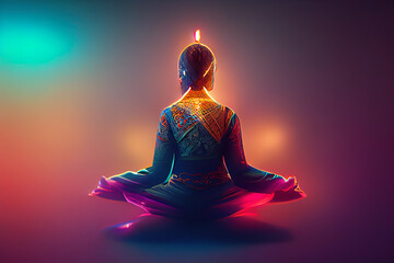 Sound healing  therapy and Yoga meditation uses aspects of music to improve health and well being. sound therapy instruments can help your meditation and relaxation at home , generative Ai    - obrazy, fototapety, plakaty