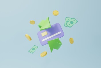 Cashback and money refund concept. Credit card among banknotes and coins on light background. 3D render, 3D illustration.