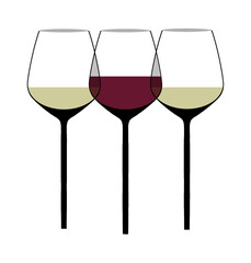 Wine glasses are seen in a modern stylish graphic illustration. Red wine is in one of the glasses.
