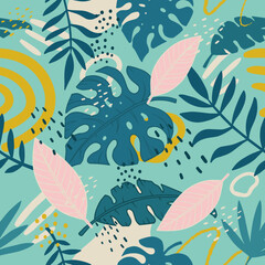 Naklejka na ściany i meble Collage contemporary Abstract tropical and artistic palm leaves seamless pattern