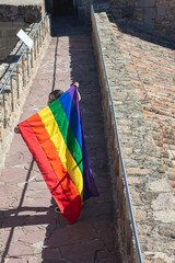 young woman holding and raising a rainbow flag