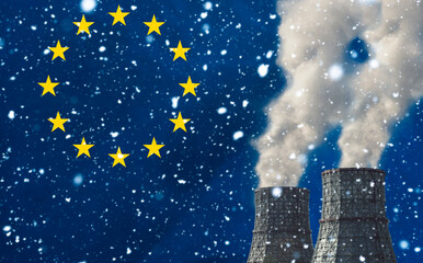 Thermal power plant on the background of the flag of the European Union with snow. with copy space. The concept of the energy crisis in Europe.