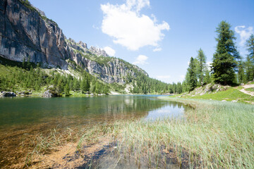 Federa alpine lake landscape, italian dolomites panorama