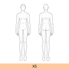 XS size Men Fashion template 9 head extra small size Croquis with main lines Gentlemen model skinny body figure front, back view. Vector isolated outline boy for Fashion Design, technical drawing
