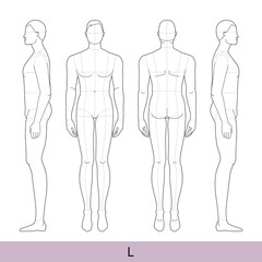 Set of L Size Men Fashion template large 9 head size with main lines Croquis Gentlemen model figure front, side, back view. Vector isolated sketch outline boy for Fashion Design, technical drawing