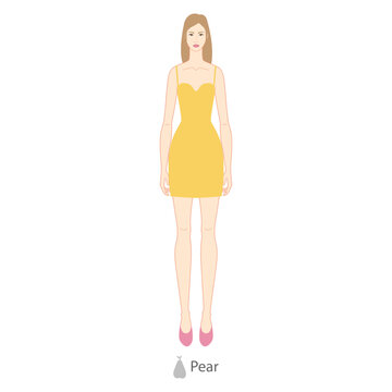 Woman pear body shape character in dress. Female Vector illustration silhouette 9 nine head size lady figure front view. Vector isolated outline sketch girl for fashion sketching and illustration.