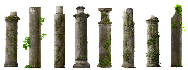 set of antique columns, collection of overgrown pillars isolated on white background  - obrazy, fototapety, plakaty