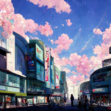 Anime Style Shibuya The Shopping Center In Daytime, Empty Street. High Quality Illustration