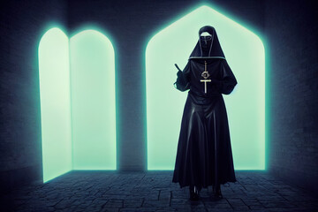Naklejka premium Gothic Nun with leather pants. High quality illustration