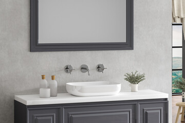 Fototapeta na wymiar Close up of sink on white countertop with square mirror standing in on white wall, classic cabinet with chrome faucet in minimalist bathroom. front view. 3d rendering
